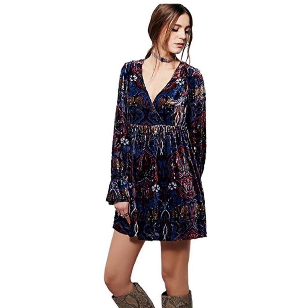 Free People Navy Multicolor Velvet Mini Dress